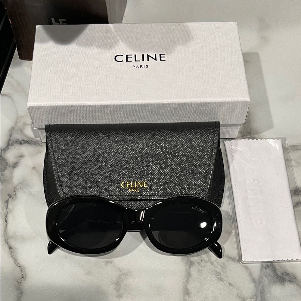 Celine Black Oval Sunglasses with Textured Leather Case